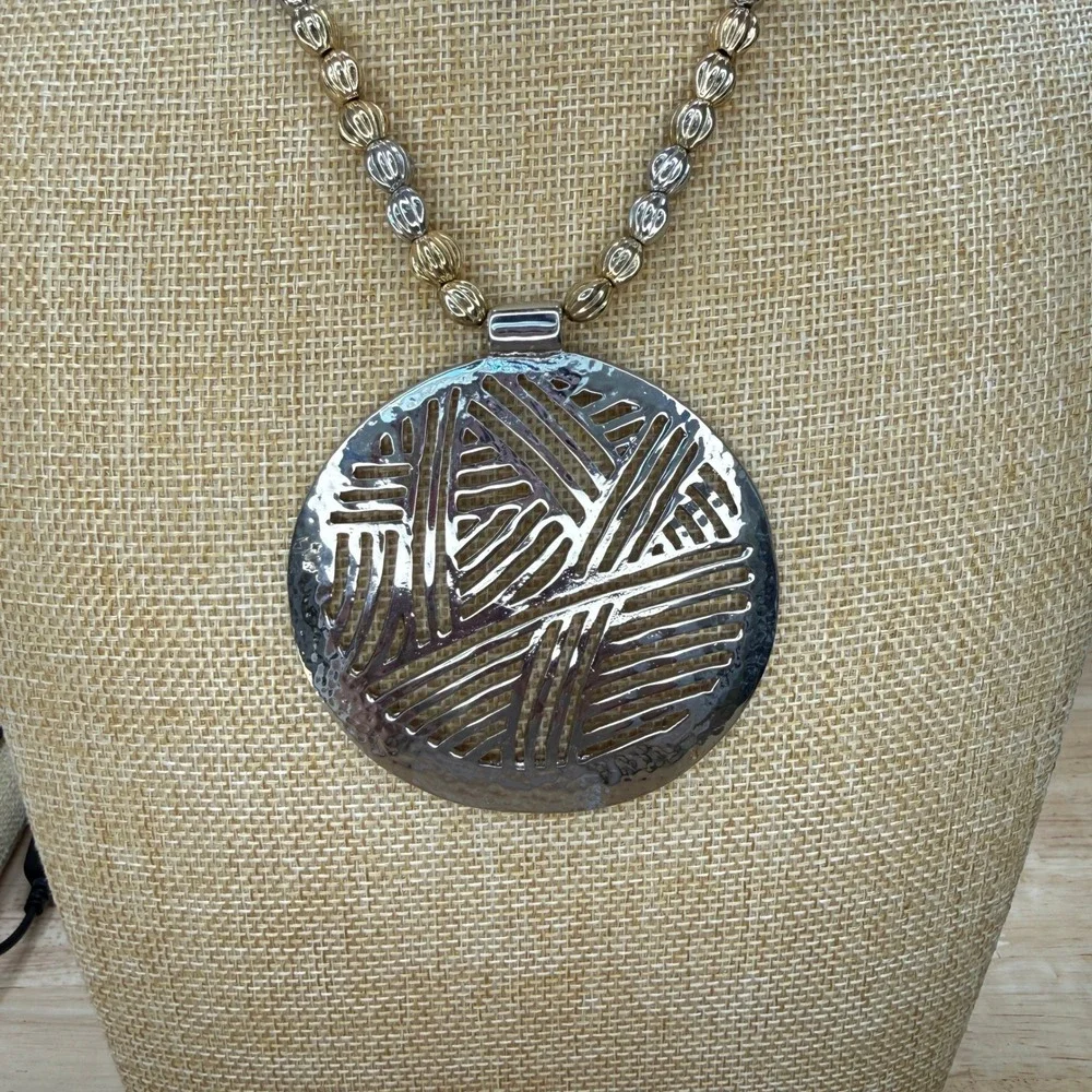 Boho Tribal Geometric‎ Statement Chico's Mixed Metal Cord Pendant Necklace